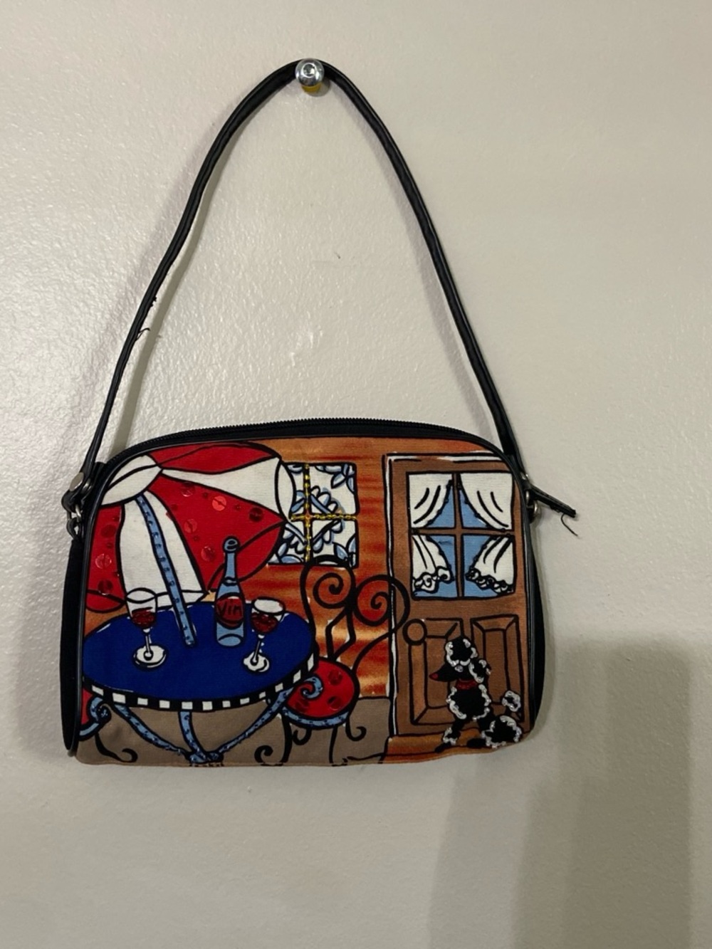 Artistic Café Scene Shoulder Bag in Red, Blue & Brown